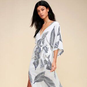 Lulus Sign Of The Times White And Navy Blue Leaf Print Maxi Dress - Size S